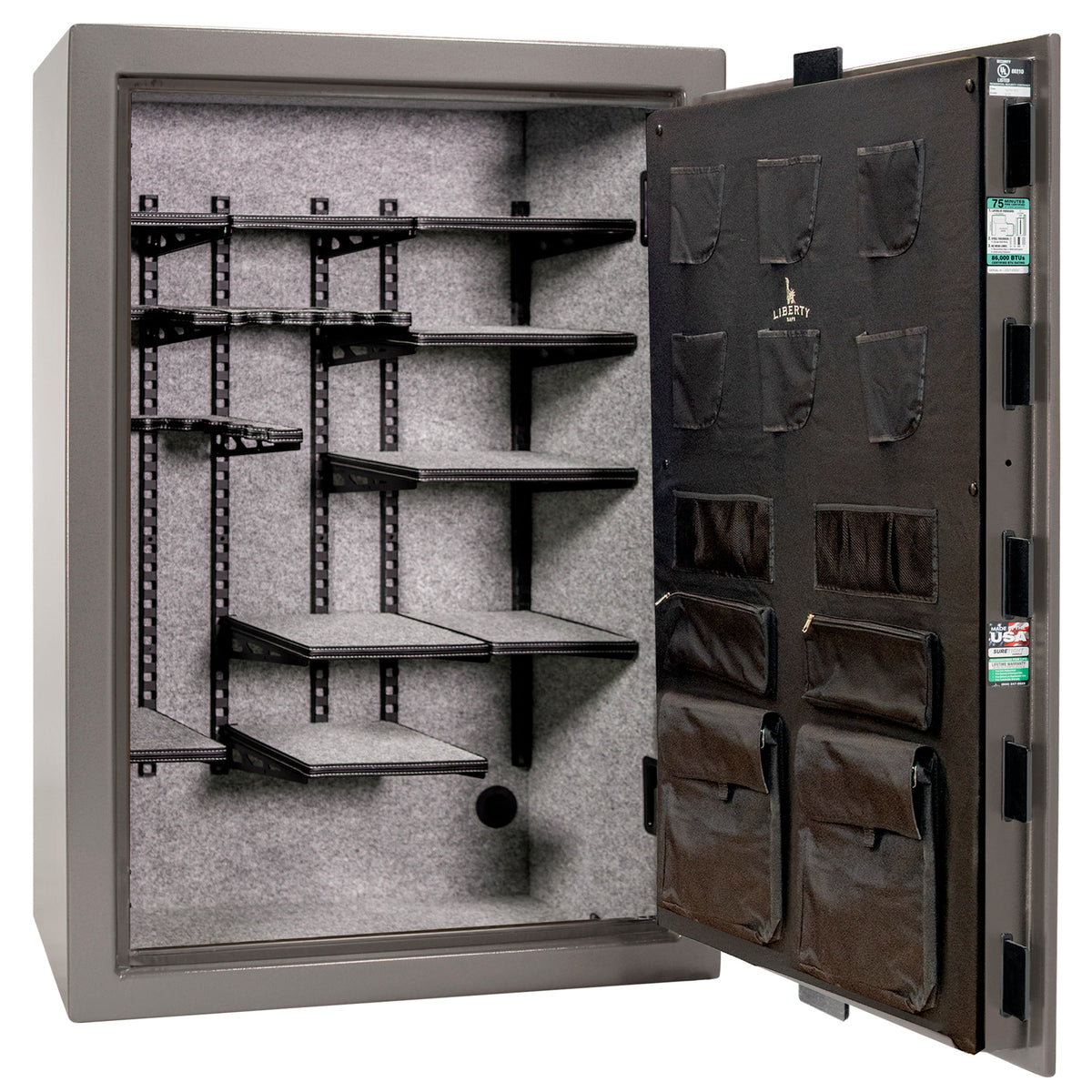 Colonial 35 | Pro Flex Interior | Level 4 Security | 75 Minute Fire Protection | Dimensions: 60.5"(H) x 42"(W) x 22"(D) | Up to 45 Long Guns | Gray Gloss | Mechanical Lock - Open